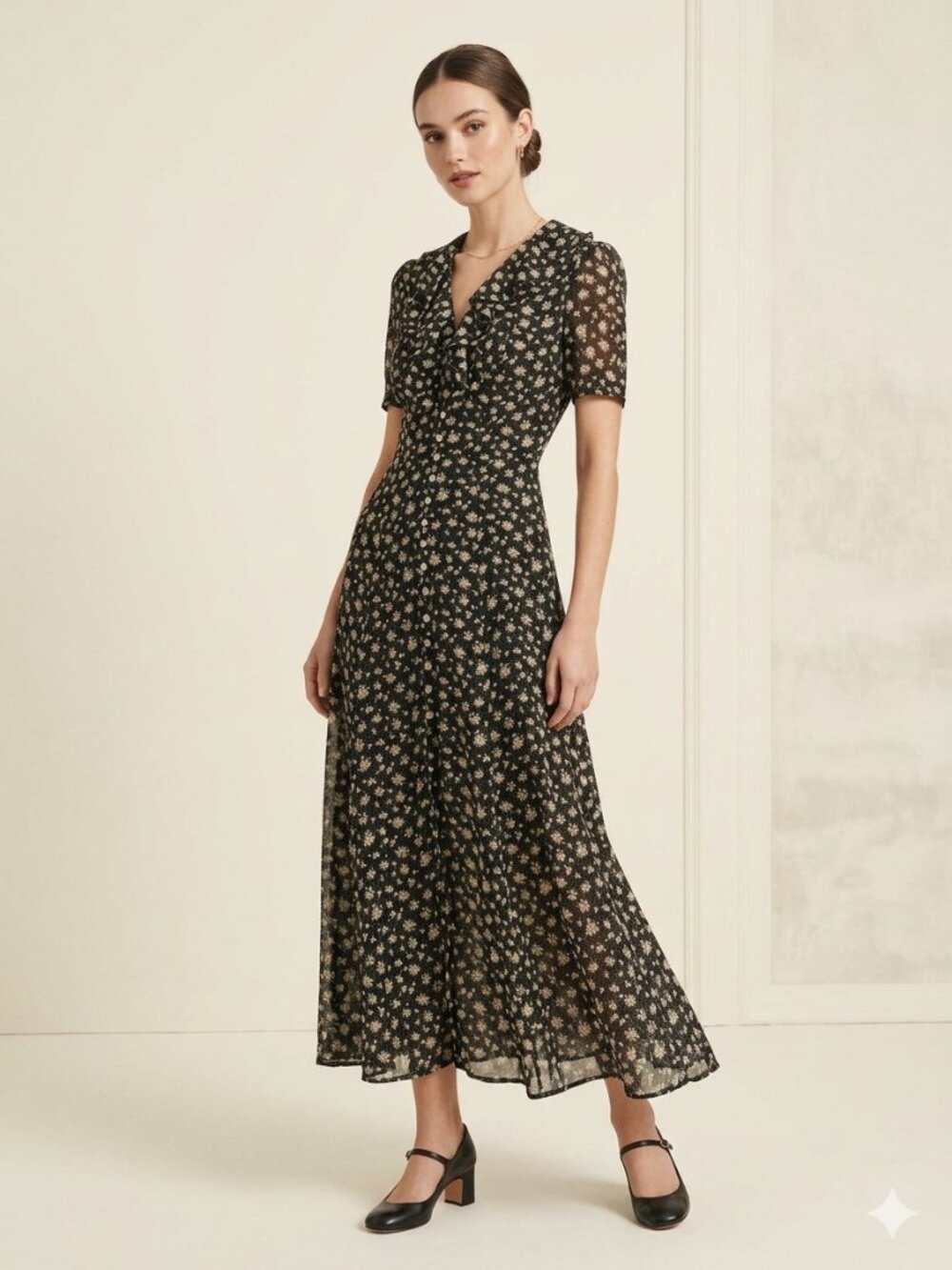 Vtg 90s Jonathan Martin Floral Sheer Maxi Dress Black Cream Grunge 3/4